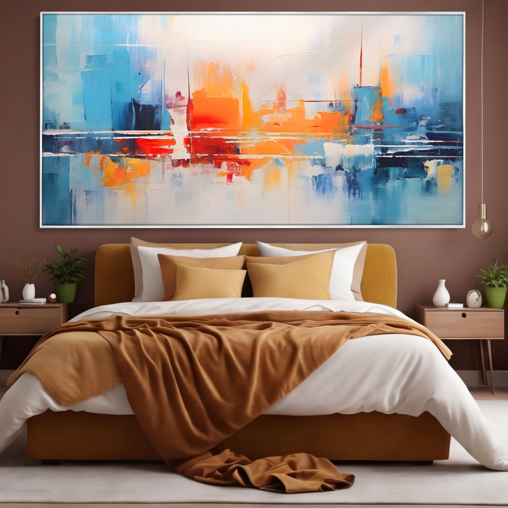 Tablou canvas cu pictura abstracta cu peisaj urban, in rama de aluminiu argintiu, pe perete intr-un dormitor